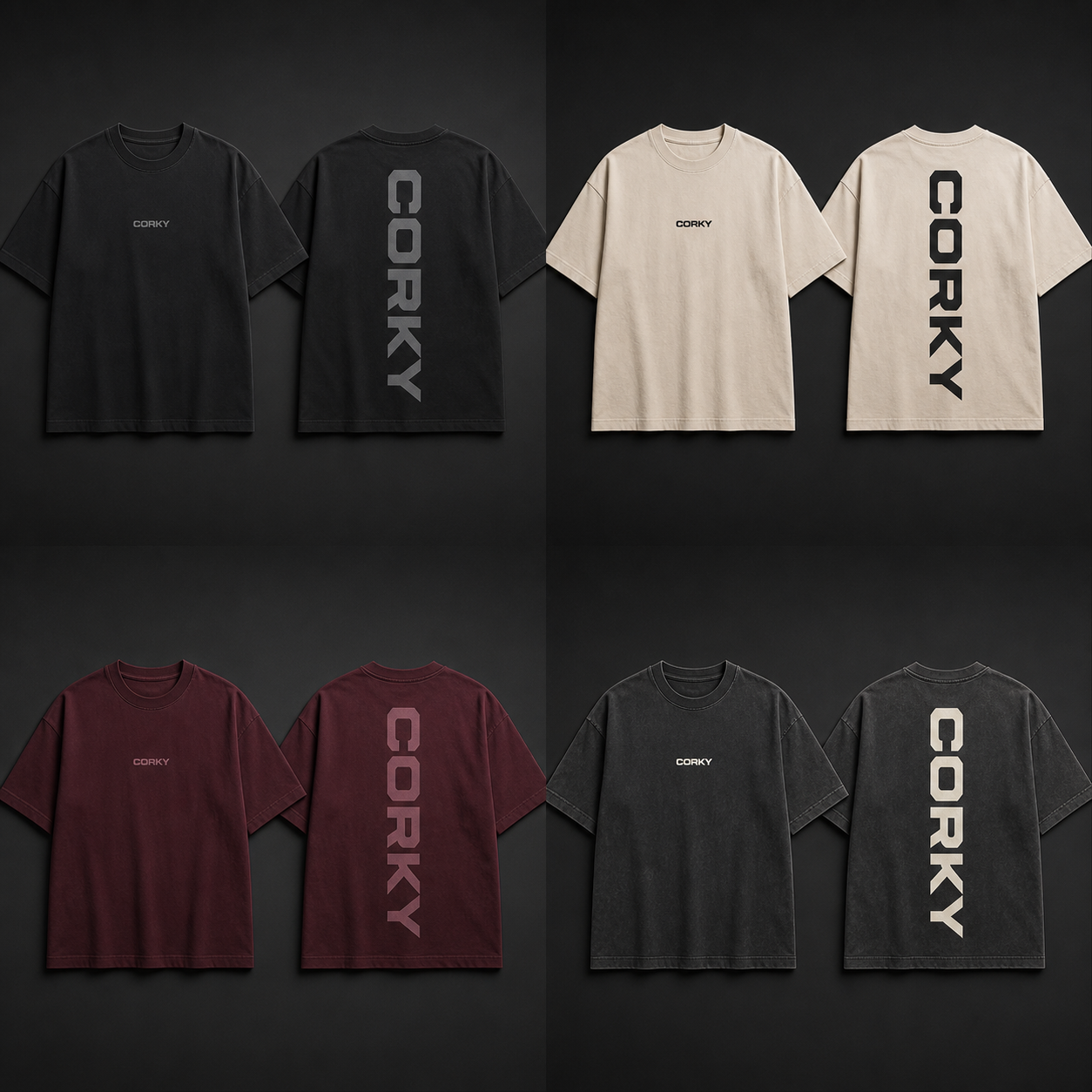 Corky Core 01: quattro T-shirt streetwear con micro-logo davanti e wordmark verticale dietro